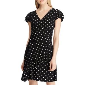 Lauren Ralph Lauren Black&Cream Polka-Dot Tiered Flutter-Sleeve Dress - Size 12